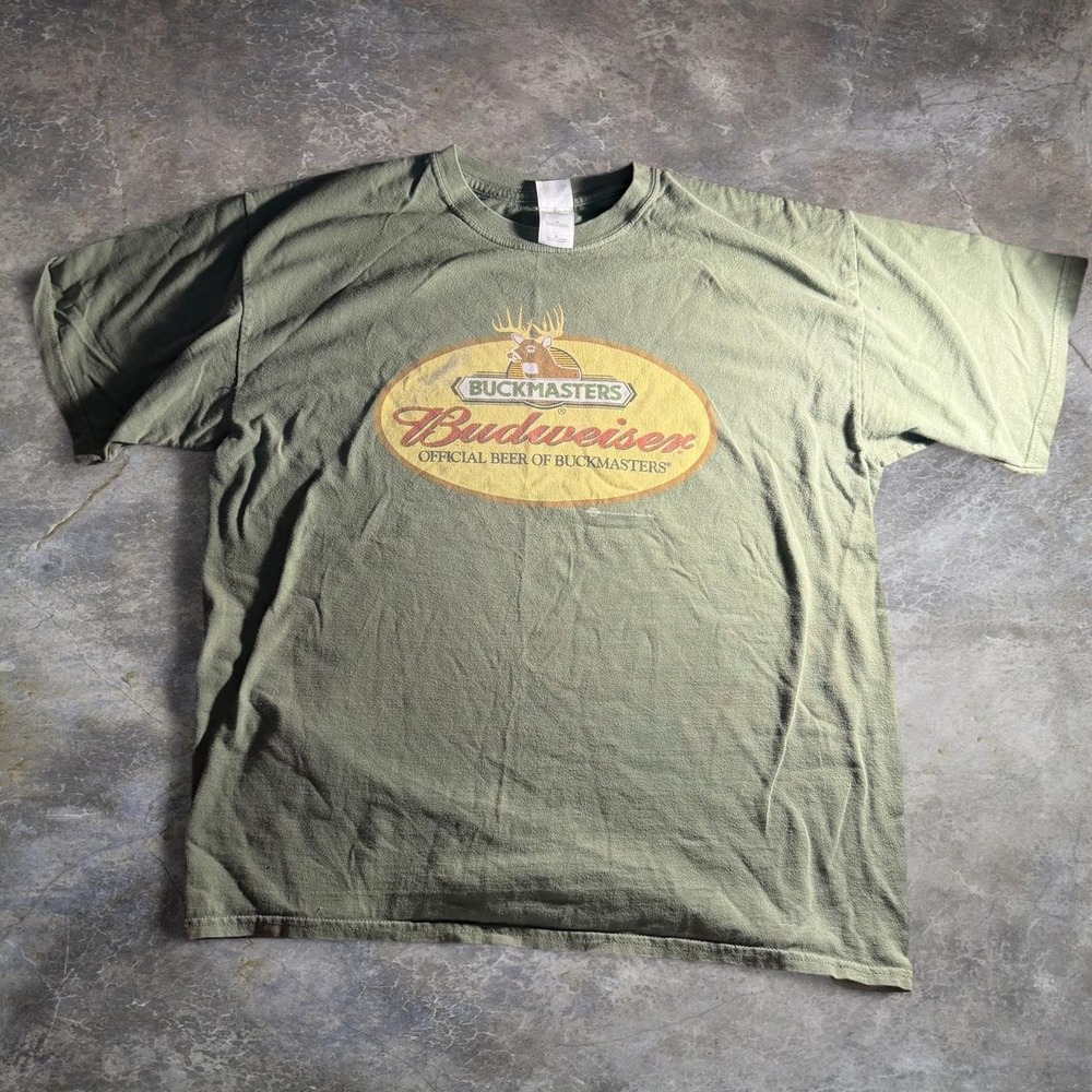 Gildan Budweiser Buckmasters T Shirt Mens XL Green Vintage 2004 Beer Graphic Tee